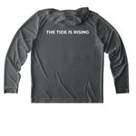 The Tide is Rising Performance Gear, a Dark Smoke Grey UV Performance Long Sleeve Hoodie (back-view)