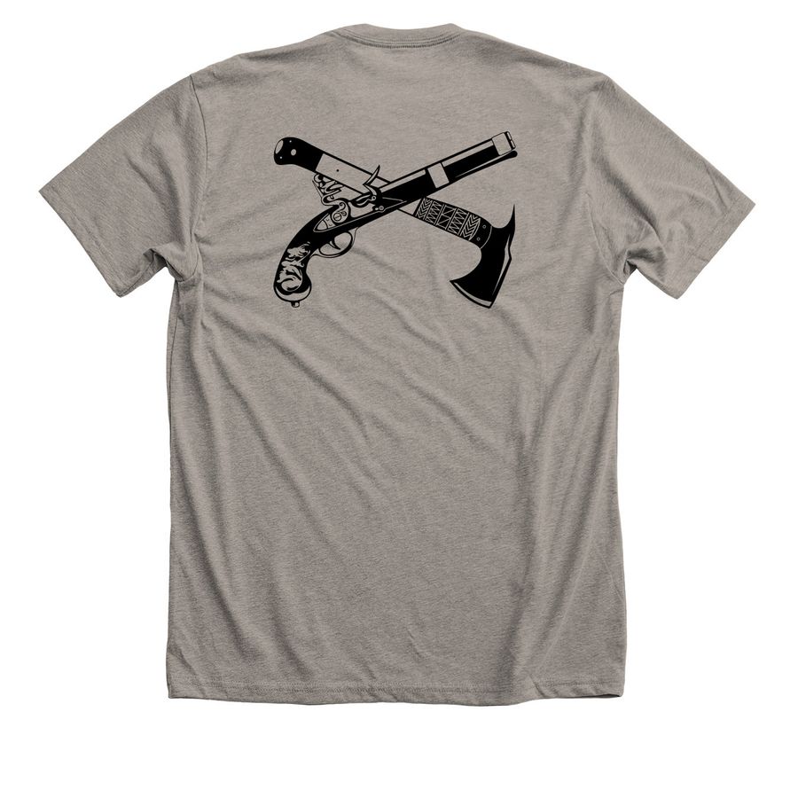 Color Flag Front / Hatchet and Flintlock Back, a Heather Stone Premium Unisex Tee (back-view)