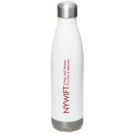 NYWIFT Logo Water Bottles, a White Stainless Steel Water Bottle (back-view)