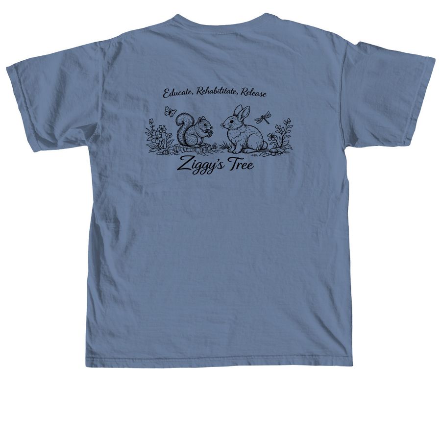 Bunny & Squirrel Ziggy's T-shirt, a Blue Jean Comfort Colors Unisex Tee (back-view)