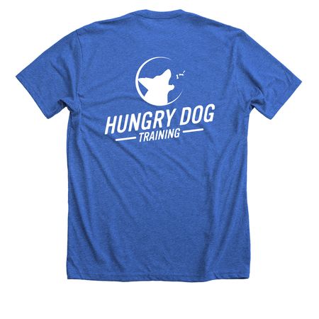 Hungry Dog Training, a Heather True Royal Premium Unisex Tee (back-view)