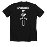 Sponsored by God, a Solid Black Blend Premium Unisex Tee (back-view)