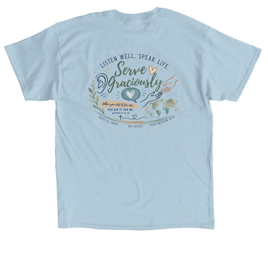 The Gift of Communication Fundraiser Tee, a Light Blue Classic Unisex Tee (back-view)