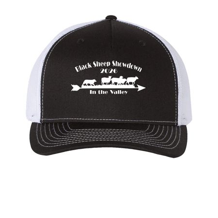 2026 Black Sheep Showdown Hats (White Logo), a Black/ White Printed Five-Panel Trucker Cap