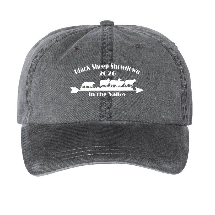 2026 Black Sheep Showdown Hats (White Logo), a Black Printed Pigment Dye Baseball Cap
