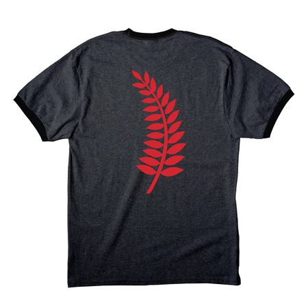 PE LIFE RENEWAL LEAF COLLECTION, a Dark Heather Grey/ Jet Black Cotton Ringer Tee (back-view)