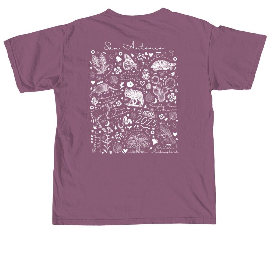 San Antonio Flora + Fauna, a Berry Comfort Colors Unisex Tee (back-view)