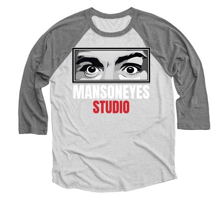MANSONEYES Studio Classic Logo, a Premium Heather and Heather White 3/4 Sleeve Baseball Tee