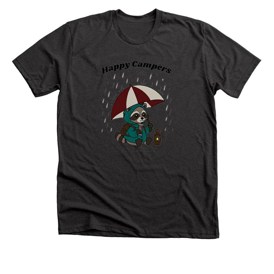 20 Years of Happy Campers 2026&nbsp;, a Dark Grey Heather Premium Unisex Tee