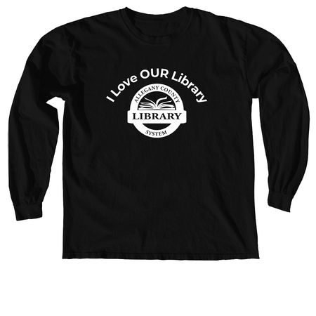 I Love OUR Library, a Black Comfort Colors Long Sleeve Tee