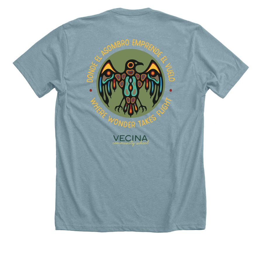 Vecina Community School, a Heather Blue Lagoon Premium Unisex Tee (back-view)
