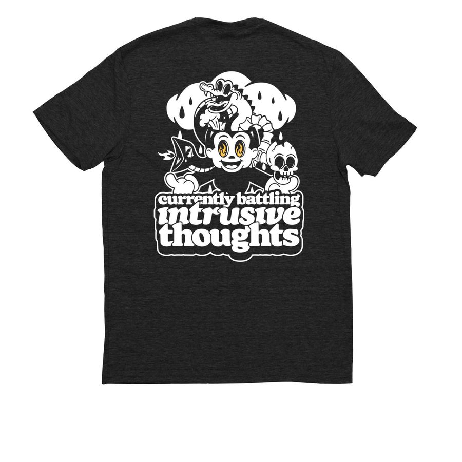 Currently Battling Intrusive thoughts, a Space Black Allmade Eco Triblend Unisex Tee (back-view)