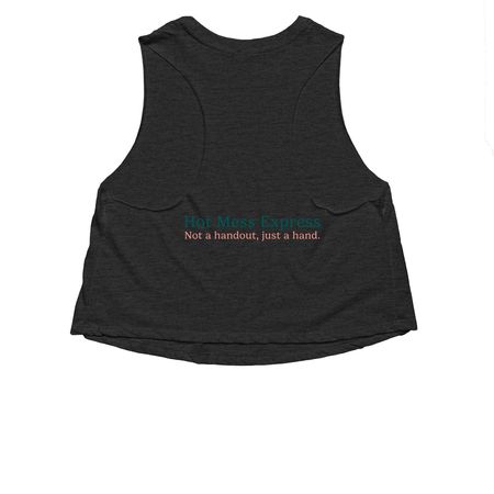 Anniversary Collection | No Judgment, a Dark Grey Heather Women?s Cropped Racerback Tank (back-view)