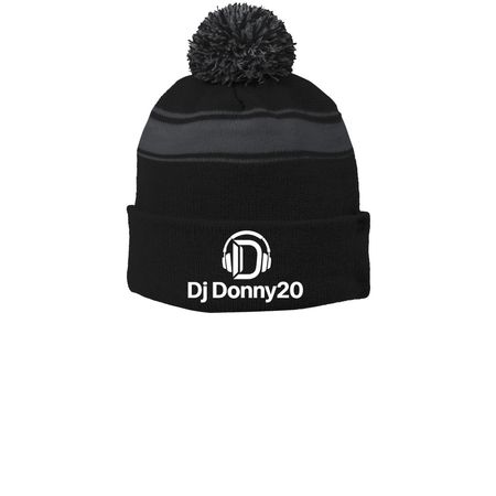 Dj Donny20 Beanies, a Black/ Iron Grey Printed Stripe Pom-Pom Beanie