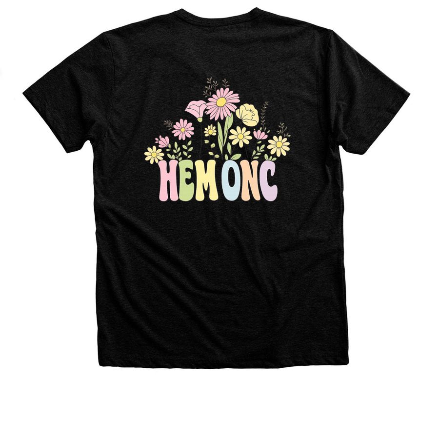 HemOnc Floral, a Black Heather Premium Unisex Tee (back-view)