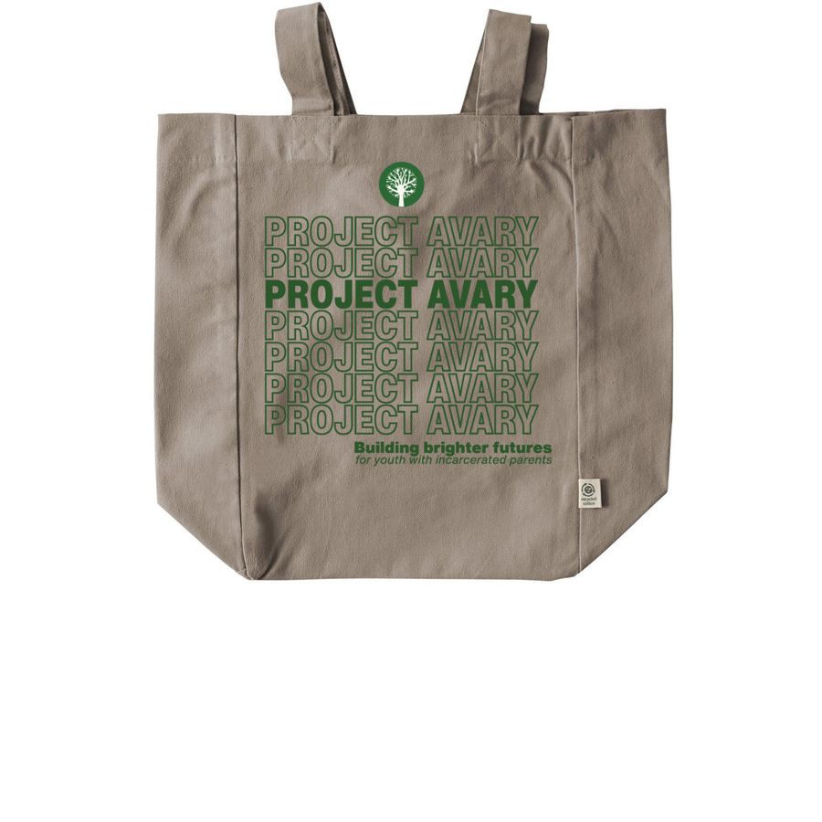 The Avary Way Tote (Green Text), a Pumice Recycled Cotton Tote Bag