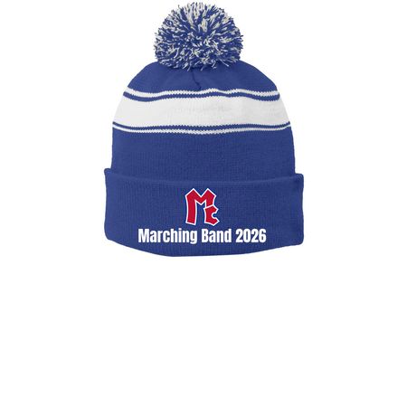 Band Booster Winter Apparel, a True Royal/ White Printed Stripe Pom-Pom Beanie