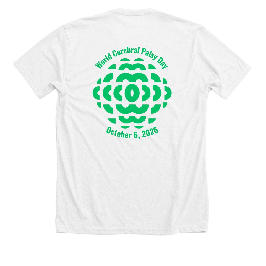 2026 World CP Day T-Shirt ?White Double Logo, a Solid White Blend Premium Unisex Tee (back-view)