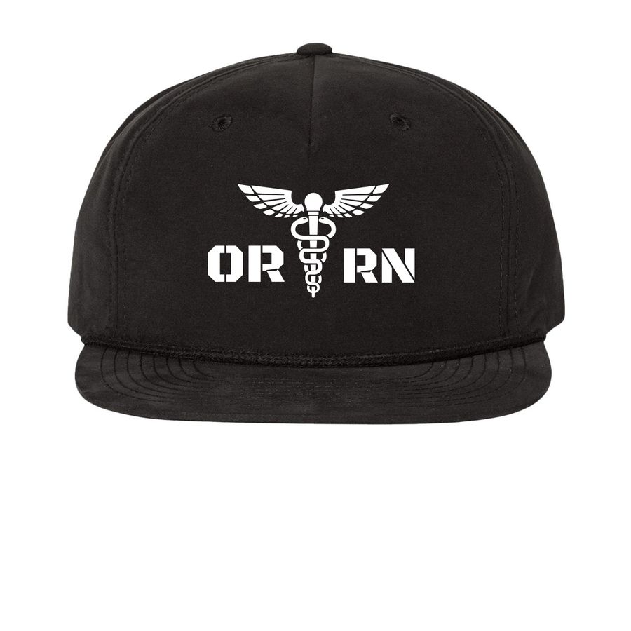 OR RN, a Black Printed Umpqua Snapback Cap