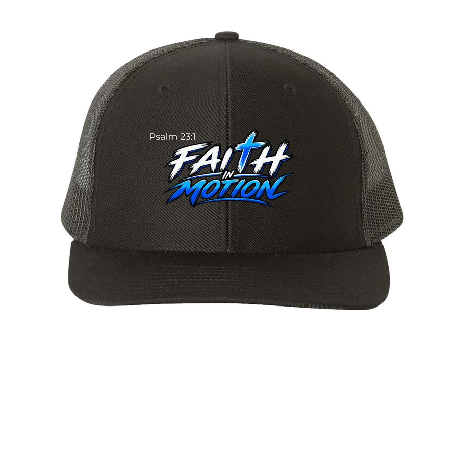 Faith in Motion Trucker Hat ? Psalm 23:1, a Black Printed Snapback Trucker Cap
