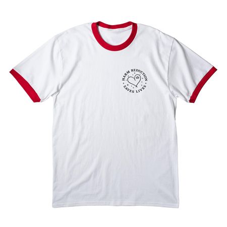 HARM REDUCTION SAVES LIVES, a White/ Red Cotton Ringer Tee