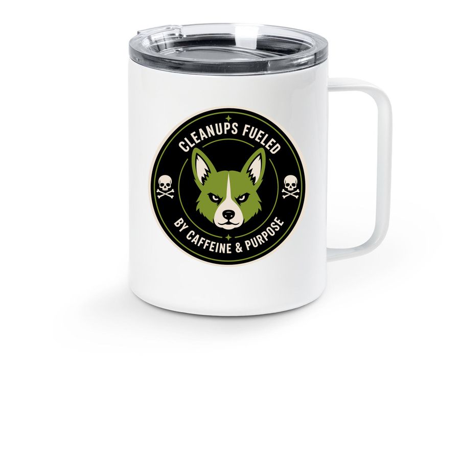 Corgi CleanUps Mean Mugging, a White Stainless Steel Travel Mug