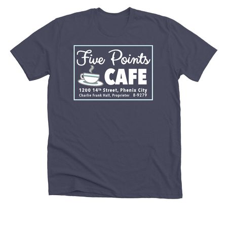 Five Points Cafe front only, a Heather Midnight Navy Premium Unisex Tee