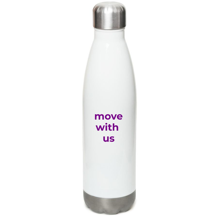 E-Motion Water Bottle, a White Stainless Steel Water Bottle (back-view)
