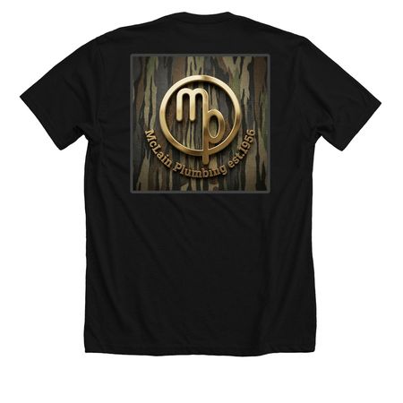 McLain Plumbing-River Bank Timber Camo, a Solid Black Blend Premium Unisex Tee (back-view)