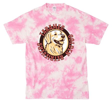 Tarameg Round Logo with Back Quote TieDyes, a Bright Pink Crystal Tie Dye Tee