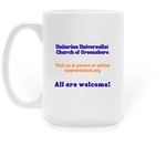 UUCG "Blasphemy & Deceit" Large Mug (15 oz.), a White Large Coffee Mug (back-view)