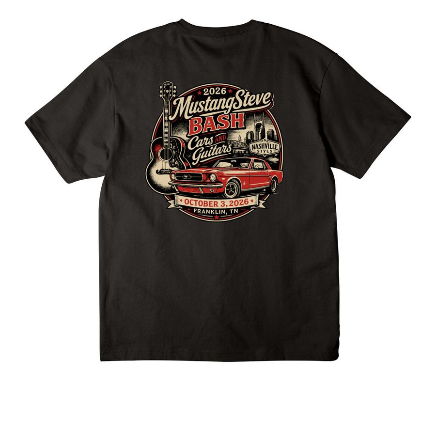 MustangSteve 2026 Bash Shirt, a Black Unisex Heavyweight Tee (back-view)