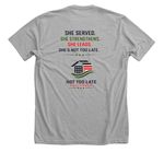 She Served, a Athletic Heather Premium Unisex Tee (back-view)
