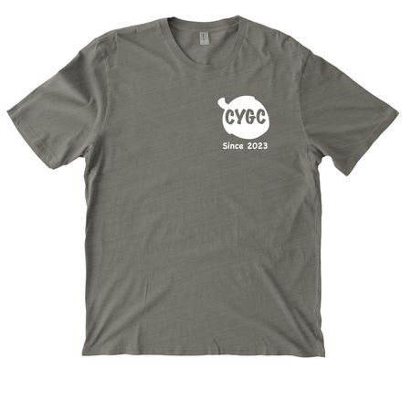 CYGC Front and Back Print White Logo, a Driftwood Grey Allmade Organic Cotton Mineral Dye Tee