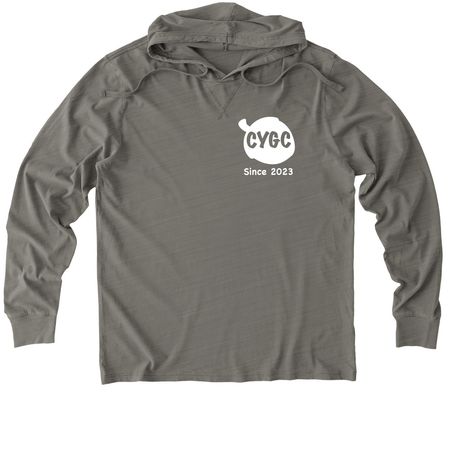 CYGC Front and Back Print White Logo, a Driftwood Grey Allmade Organic Cotton Mineral Dye Hoodie Tee