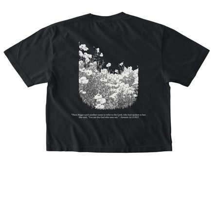 seen and loved t-shirt in white, a Black Comfort Colors Boxy Tee (back-view)