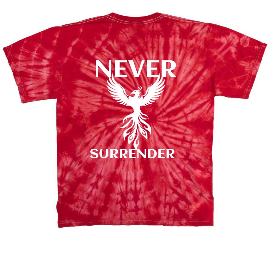 Never Surrender, a Red Classic Tie Dye Tee (back-view)