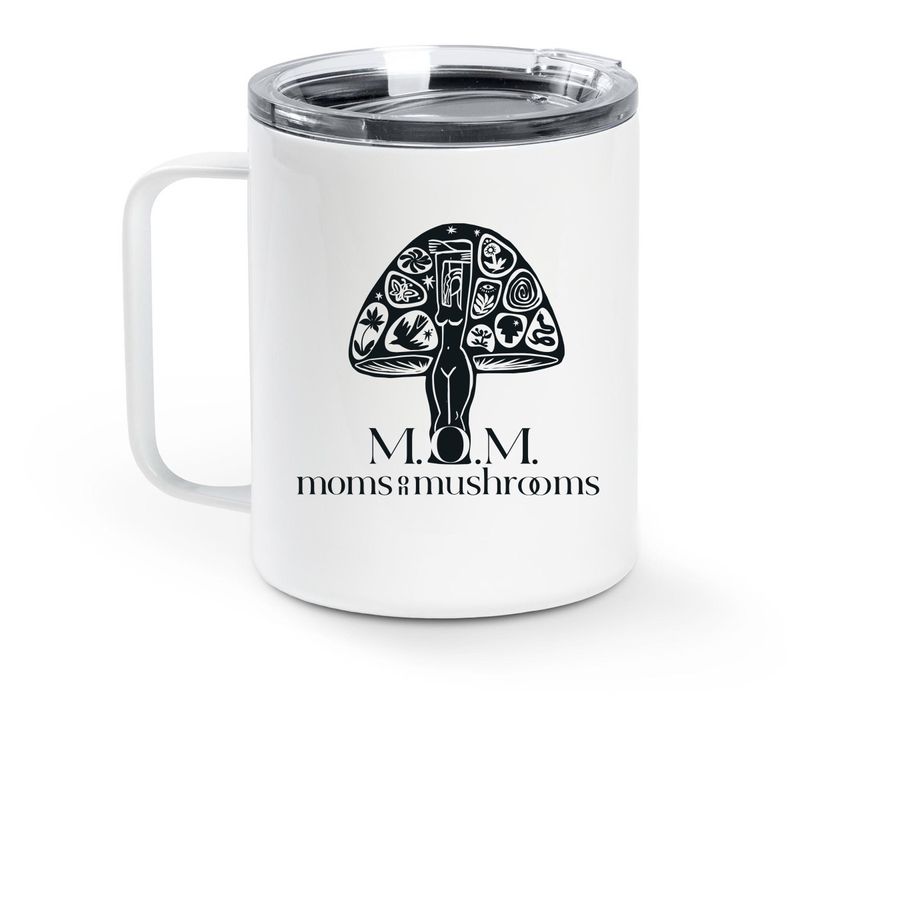 Probably Microdosing Logo Travel Mug, a White Stainless Steel Travel Mug (back-view)