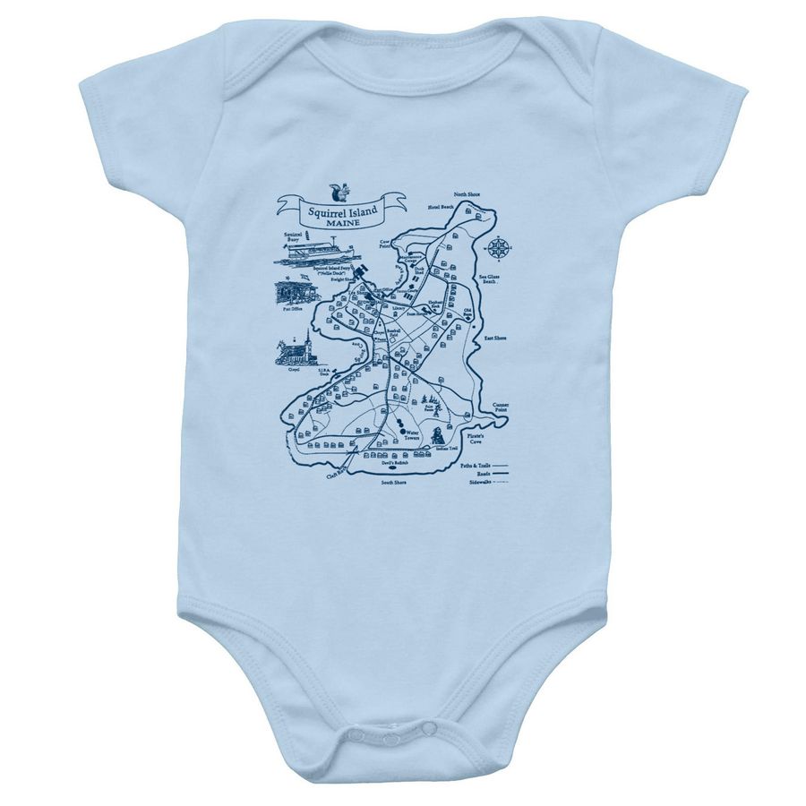 2026 Light Blue Squirrel Island Map Onesie, a Light Blue Infant Onesie