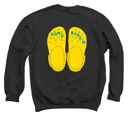 Camp Kesem Crocs, a Black Crewneck Sweatshirt