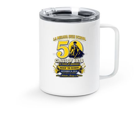 LMHS Matadors 50 Years Strong, a White Stainless Steel Travel Mug