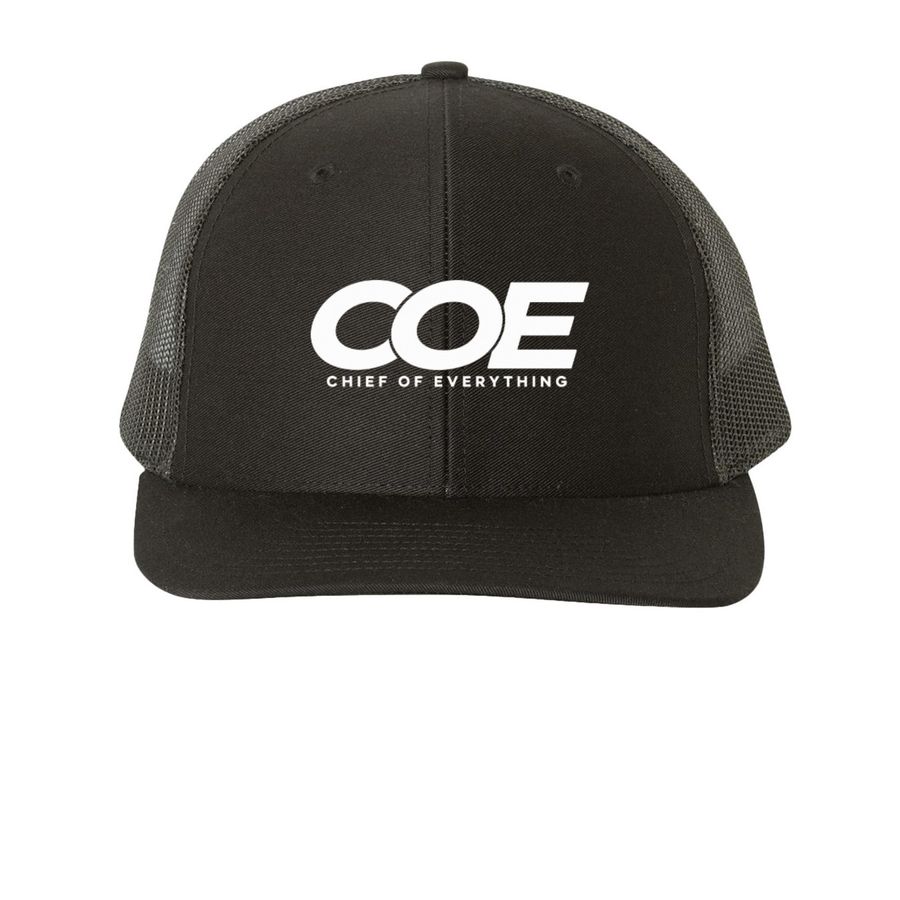 The COE Hat, a Black Printed Snapback Trucker Cap