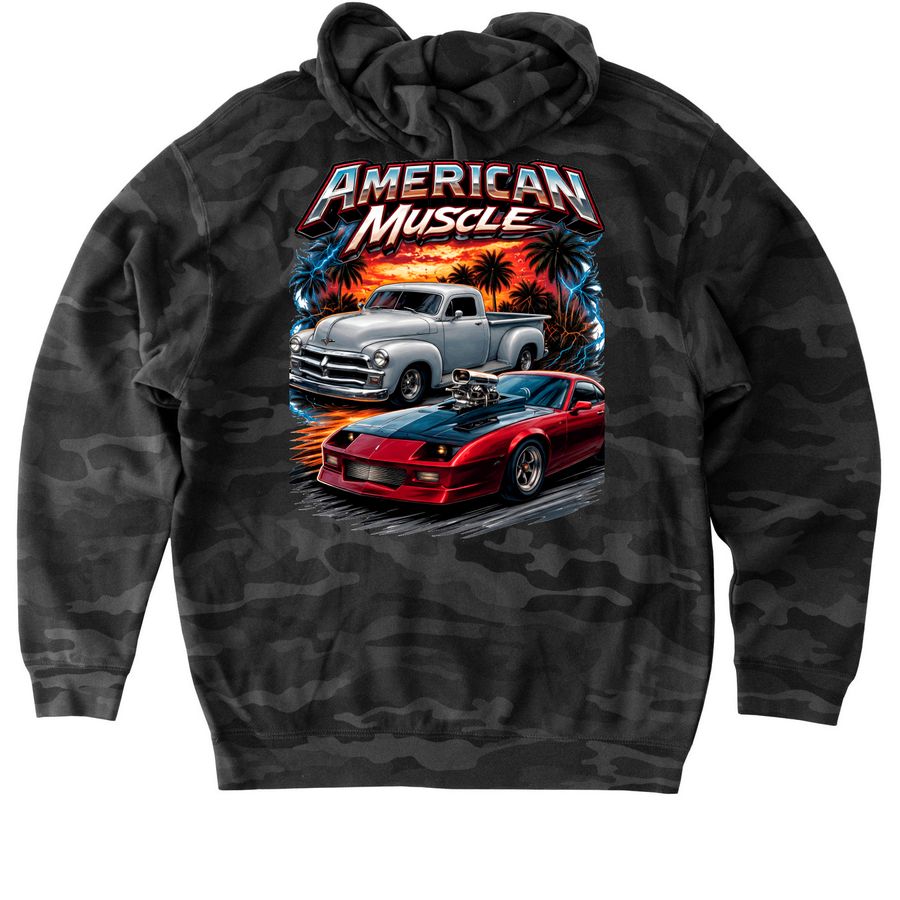 48/irok design&nbsp;, a Black Camo Heavyweight Camo Pullover Hoodie (back-view)
