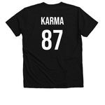 Karma, a Solid Black Blend Premium V-Neck Tee (back-view)