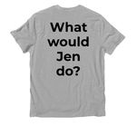 What would Jen do?, a Granite Grey Heather Allmade Organic Cotton Unisex Tee (back-view)