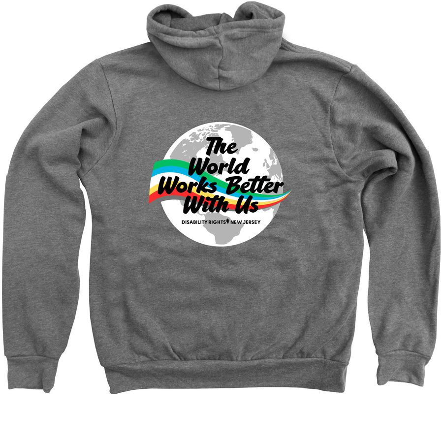 World Works Better With Us (Back), a Deep Heather Zip Up Hoodie (back-view)
