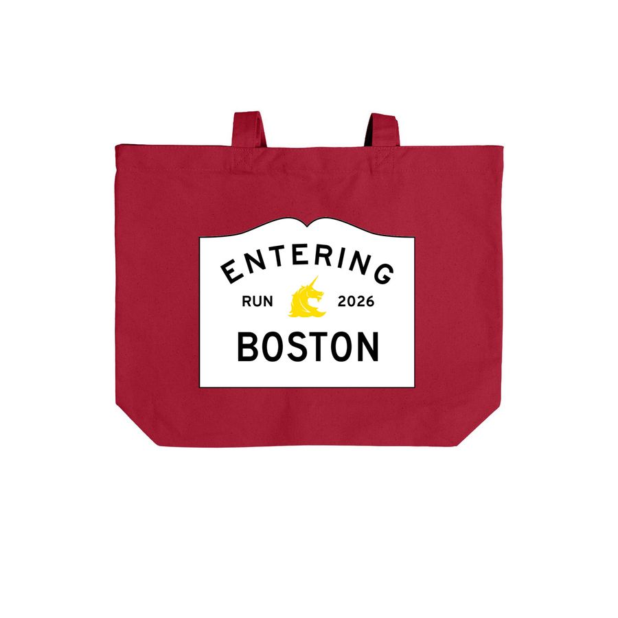 Boston Marathon 2026 sign, a Deep Red Cotton Canvas Tote Bag (back-view)