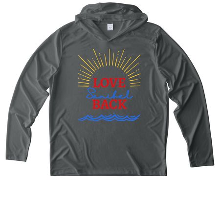 Love Sanibel Back 2026, a Dark Smoke Grey UV Performance Long Sleeve Hoodie