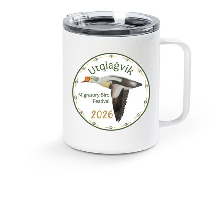 Utqiagvik Migratory Bird Fest '26 Travel Mugs, a White Stainless Steel Travel Mug
