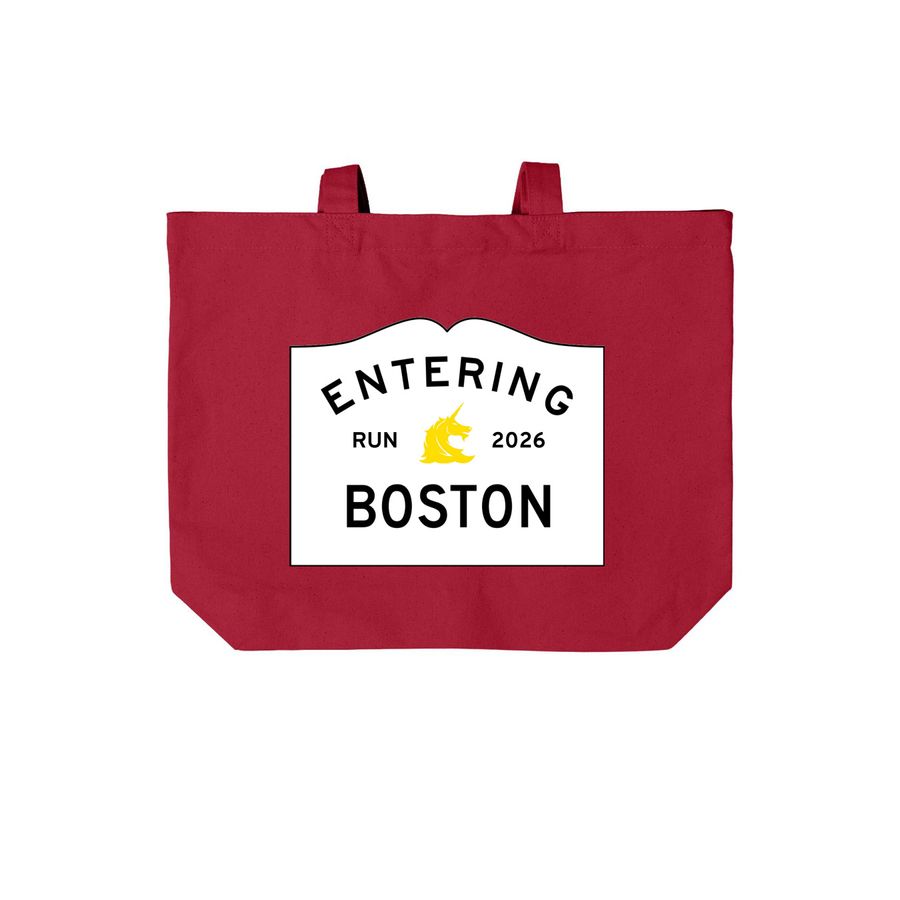 Boston Marathon 2026 sign, a Deep Red Cotton Canvas Tote Bag